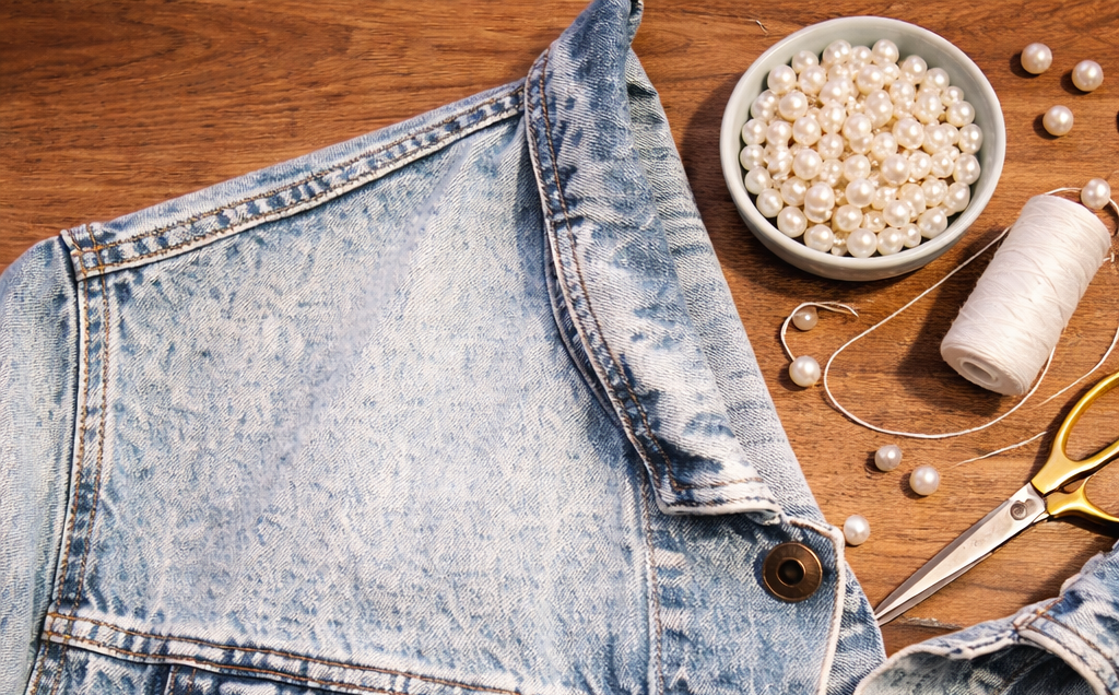 upcycling de camisa com perolas de fantasia